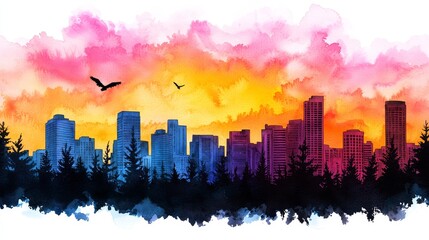 Fluid watercolor silhouette of an apartment complex with diverse architectural styles.