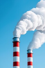 Industrial smokestacks emitting steam against a blue sky