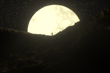 Man exploring or climbing mountains with the moon in the background.