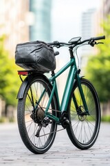 Fototapeta premium Modern bicycle with bag on the urban street, vibrant background.