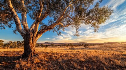 A lone tree stands in a field at sunset, with mountains in the distance.