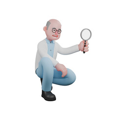 3D Male Scientist Character in Action. A male scientist crouches holding a magnifying glass in his right hand. Professional