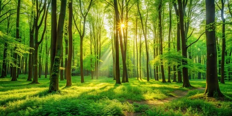 Obraz premium Sunlight filtering through a verdant forest, illuminating the lush undergrowth and casting a soft glow on the towering trees