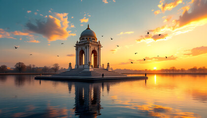 Serene Sunset at the Temple by the Water