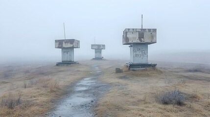 Eerie and haunting post apocalyptic landscape of a desolate battlefield covered in radioactive fog with rusting tanks missile craters and other decaying military remnants dotting the bleak