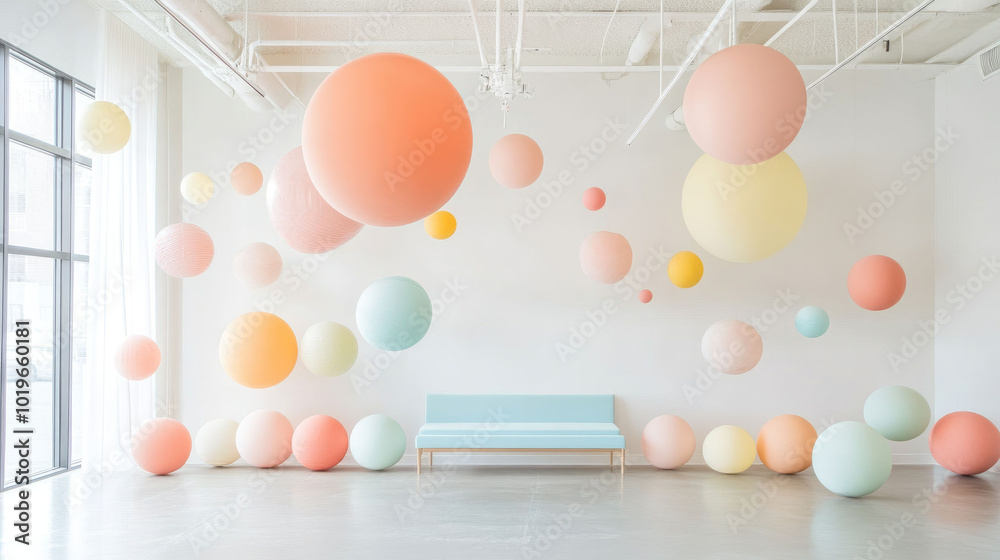 Poster vibrant geometric art installation featuring colorful spheres in modern space, creating playful and 