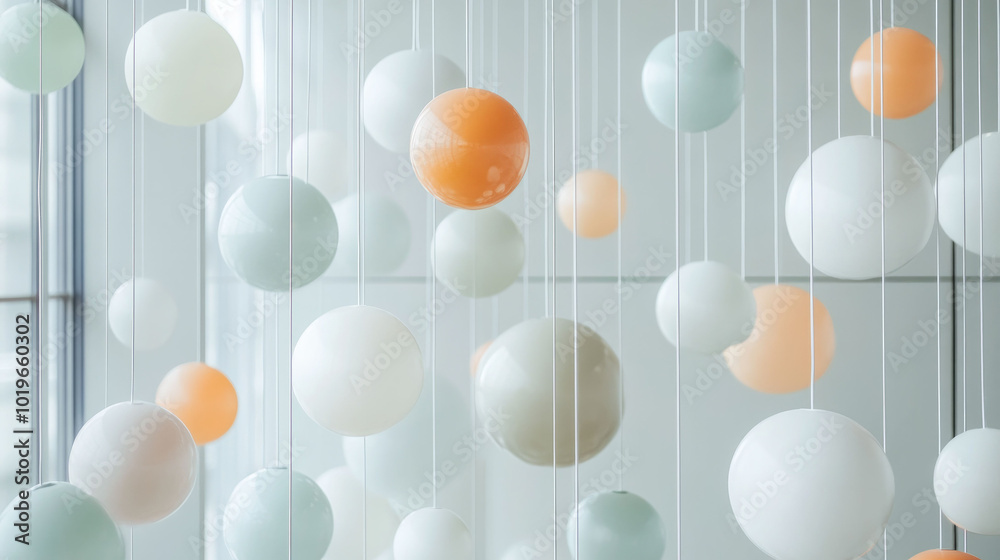 Poster spheres in geometric art installation create vibrant and playful atmosphere, showcasing mix of color