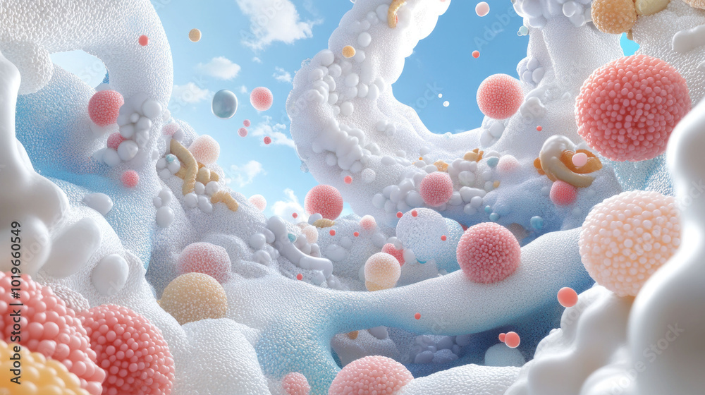 Poster vibrant and intricate representation of microbial life clusters, showcasing organic textures and col