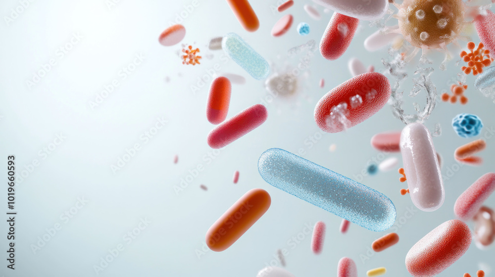 Poster microbial life clusters display vibrant organic textures, showcasing variety of shapes and colors. t