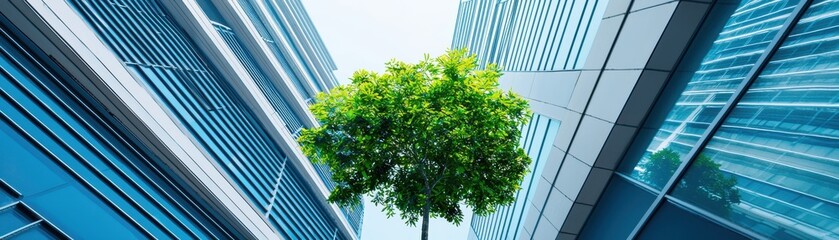 Tree growing between modern glass buildings, urban nature.