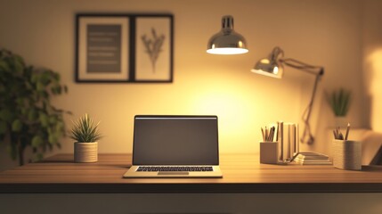 Obraz premium Elegant light fixtures in a contemporary home office, softly illuminating a sleek desk with a laptop and minimal decor.