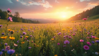 Naklejka premium A colorful wildflower meadow basks in the warm glow of a sunset