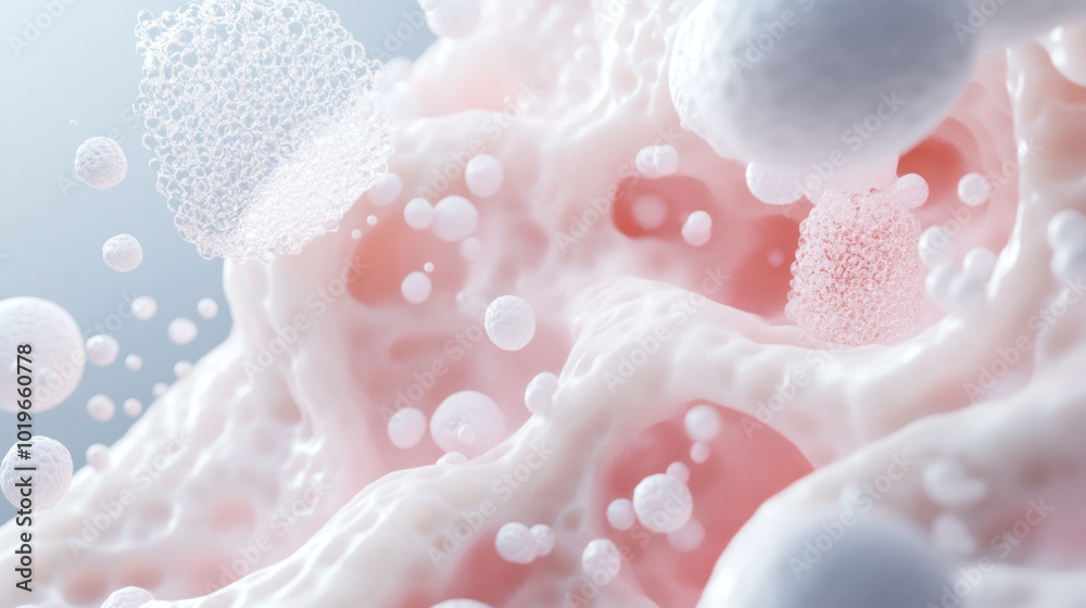 Poster Microbial growth forming 3D organic textures with bubbles and soft surfaces creates visually intriguing scene. delicate interplay of light and texture evokes sense of wonder and curiosity