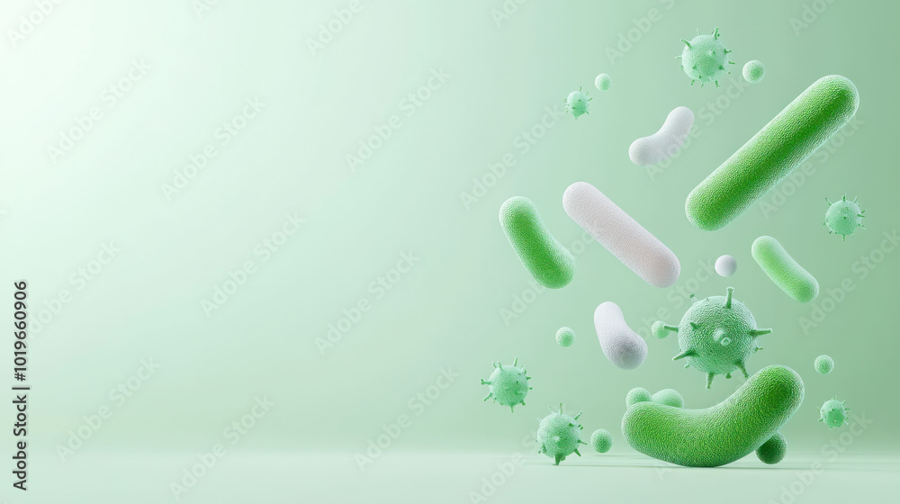 Aufkleber Microorganisms forming clusters in 3D design, showcasing vibrant green and white colors. This visually striking representation highlights diversity and complexity of microbial life