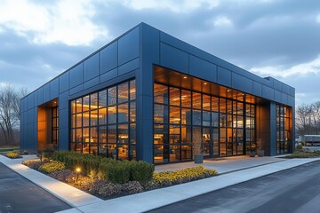 sleek modern warehouse office exterior industrialchic design with large windows and metal cladding clean lines and minimalist aesthetic soft evening light adds warmth to the facade