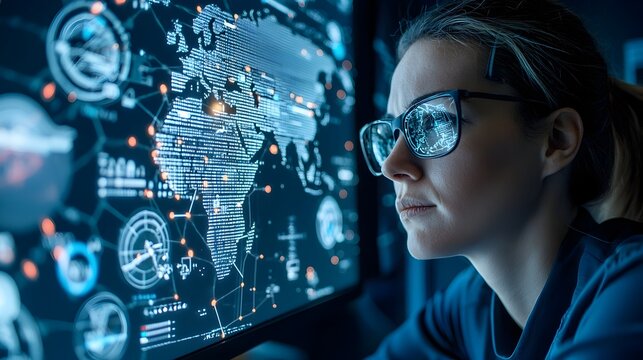 Futuristic high tech war room with holographic displays of global cities and regions marked as potential nuclear strike targets used for military strategic planning crisis management