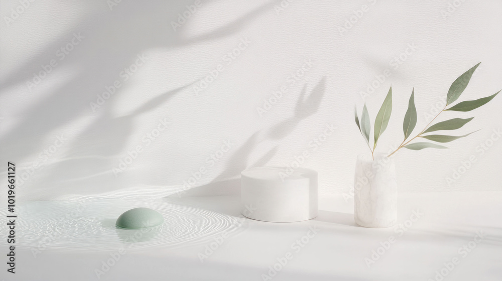Aufkleber minimalist design featuring soft green object, white cylindrical container, and delicate vase with l