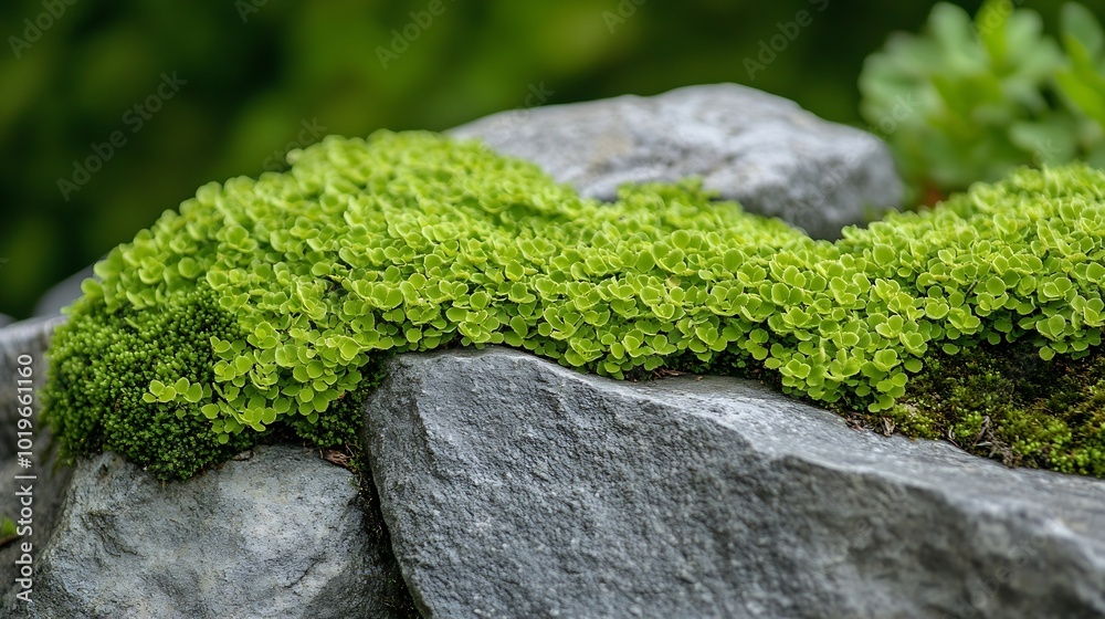 Poster beautiful bright green moss grown up cover the rough stones and on the floor in the forest show with