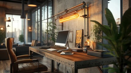 Obraz premium Industrial-style workspace with a desk and eco-friendly lamp made from recycled pipes, showcasing a blend of sustainability and modern design.