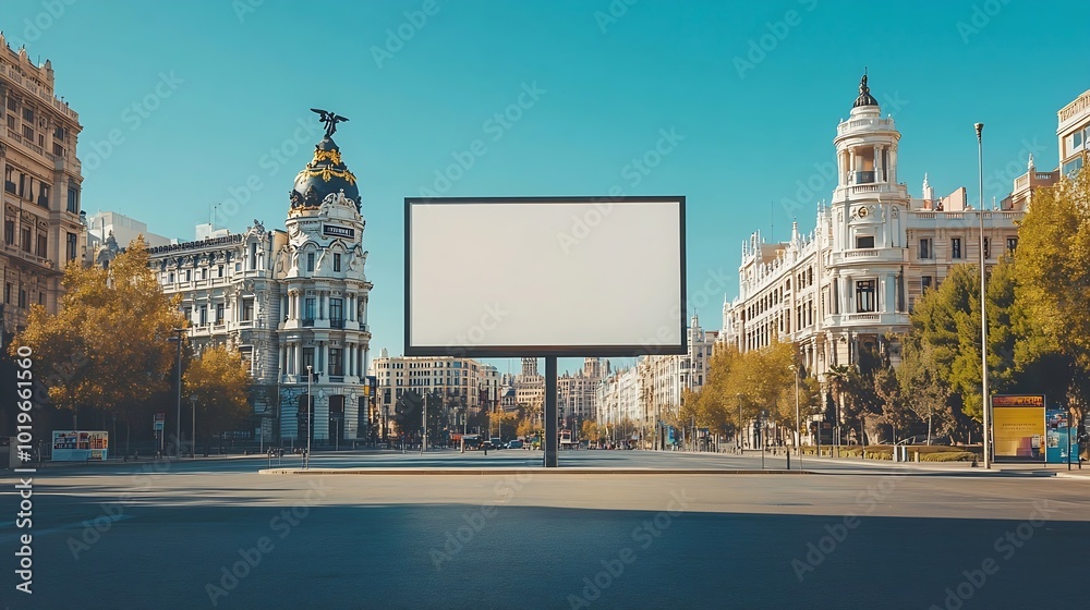 Poster blank billboard mockup in madrid with the cibeles palace in the background under a clear sky : gener