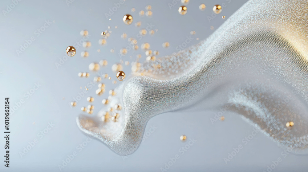 Poster flowing wave of shimmering particles creates mesmerizing visual effect, evoking sense of elegance and fluidity in this artistic representation