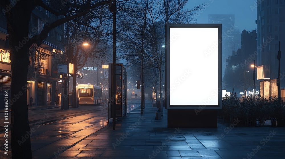 Poster blank white bus stop vertical billboard mockup in front of an empty street outdoor advertising light