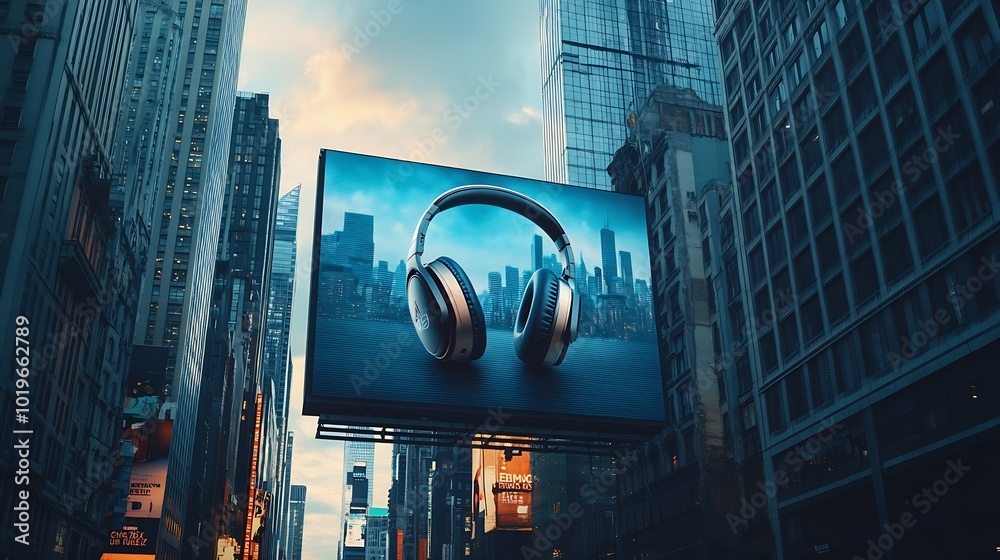 Poster big city 3d billboard of a headphones creative technology device advert in urban district on a skysc