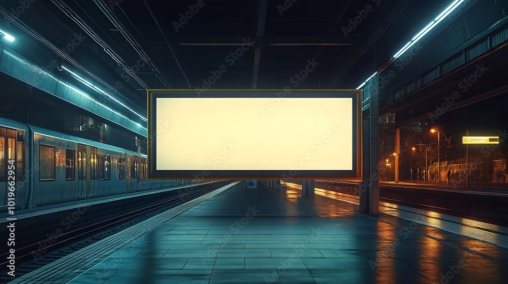 Aufkleber billboard on the passenger platform of a railway station at nightmockup : generative ai