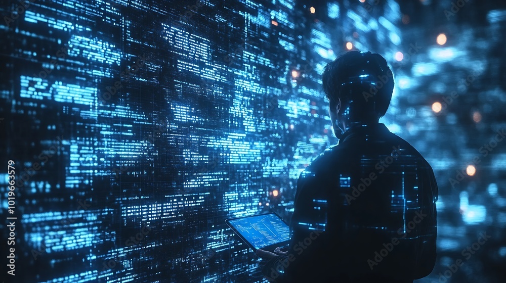 Poster Software engineer using digital tablet with cyber security network computer code on virtual screen interface Data science machine learning of artificial intelligence digital software d : Generative AI