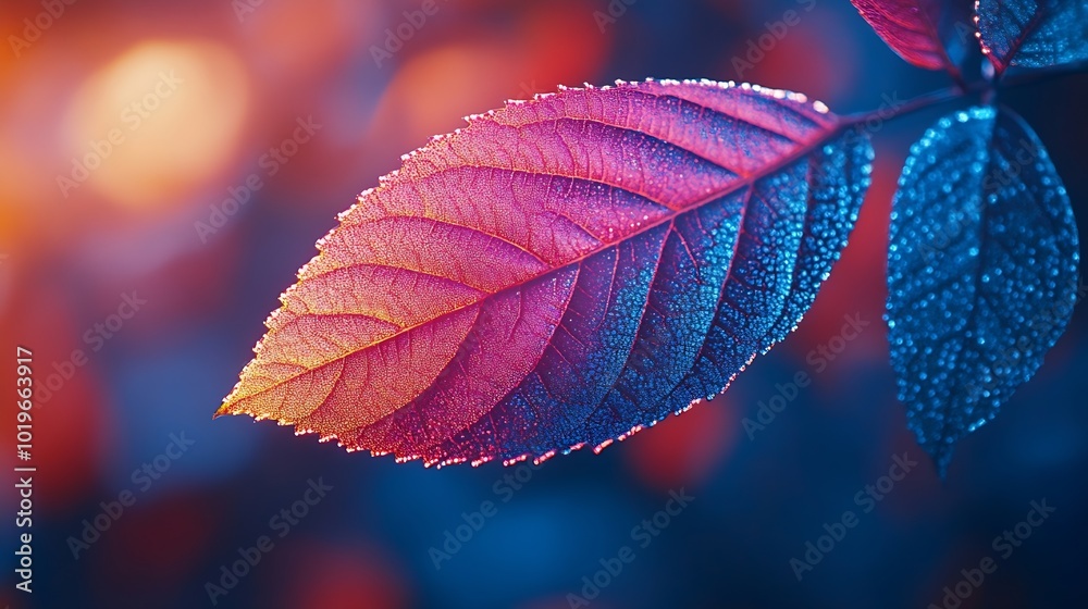 Aufkleber Close up Beautiful faded old leaf in neon light Minimalism retro style concept 80s Background pattern for design Macro photography view : Generative AI