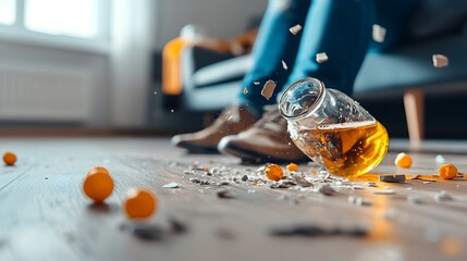 Broken glass bottle of alcohol lying on a floor symbolizing the concept of breaking free from substance abuse and addiction and finding a path towards recovery and a new way of living