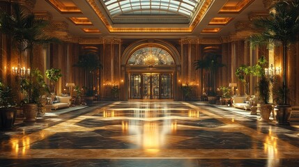 Naklejka premium Elegant hotel lobby with luxurious decor and natural light.