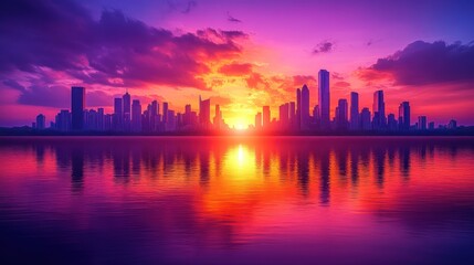 Fototapeta premium Vibrant sunset over a city skyline reflected in water.