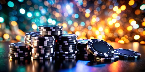 Obraz premium Black Casino Chips with Bokeh Effect for Gaming Enthusiasts and Decor