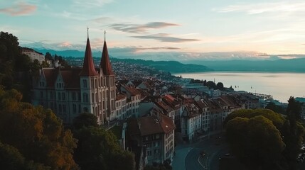 Fototapeta premium Scenic Aerial View of Lake and Historic Architecture