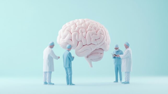 miniature doctors examining giant brain model,
