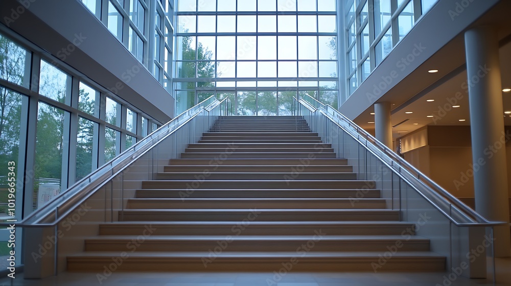Leinwandbilder a wide staircase along the large windows in an office building modern interior of the lobby of an of