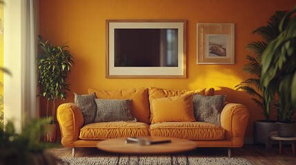 Warm and cozy composition of living room interior with mock up poster frame brown sofa beige rug orange coffee table wooden partition wall and personal accessories Home decor Template : Generative AI