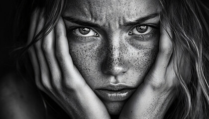 Fototapeta premium Black-and-white portraits focused on capturing raw emotions through facial expressions, devoid of distractions