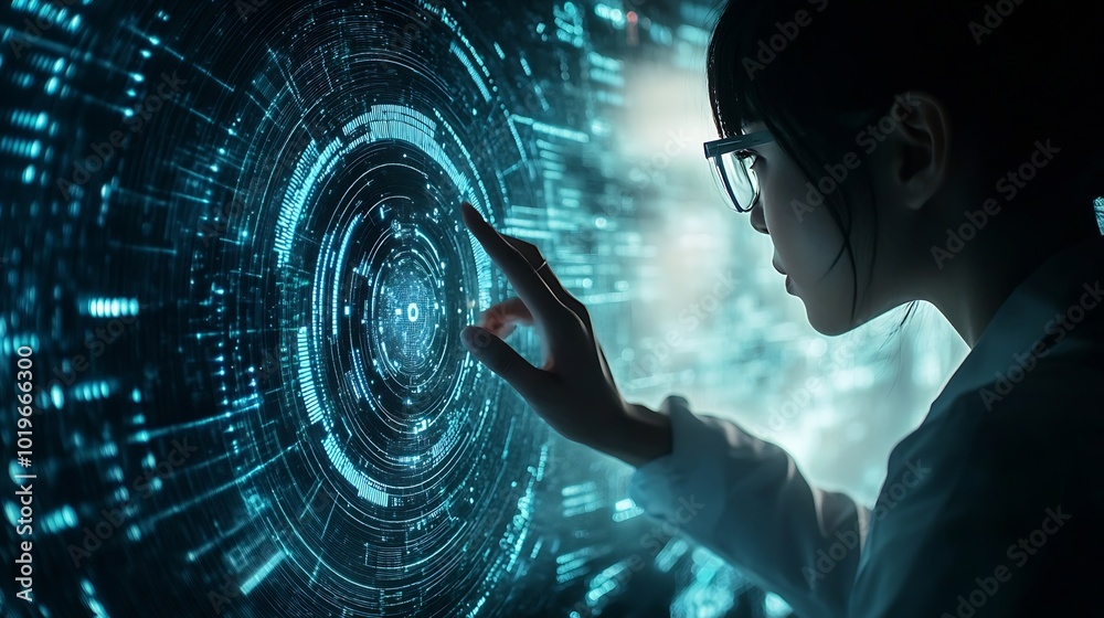 Aufkleber The person showing AI technology that connects information to various systems concepts management digital transformation Internet of Things Big Data and Business Processes Automated Op : Generative AI