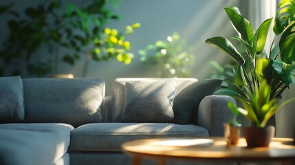 Interior of light living room with grey sofas table and houseplants : Generative AI