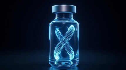 glowing blue dna helix, luminous wireframe vaccine