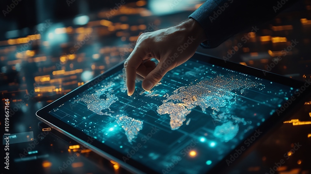 Aufkleber Internet technology global business concept Businessman using digital tablet with global network connection on social networking and customer data analytics Business strategy and digit : Generative AI