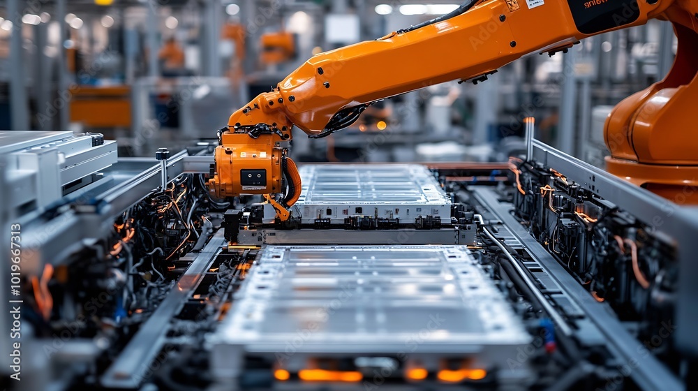 Poster Modern EV Factory On Automated Production Line Robot Arms Transporting Automotive Battery Modules onto Conveyor Belt Electric Car Battery Pack Manufacturing Process : Generative AI