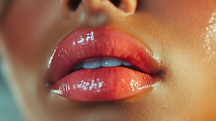 Sexual full lips Natural gloss of lips and womans skin The mouth is closed Increase in lips cosmetology Natural lips Great summer mood with open eyes fashion jewelry Pink lip gloss : Generative AI