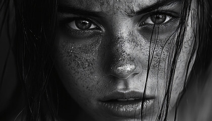 Fototapeta premium Black-and-white portraits focused on capturing raw emotions through facial expressions, devoid of distractions