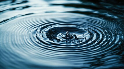 Close-Up of Water Droplet Creating Ripples and Circular Waves on a Blue Surface