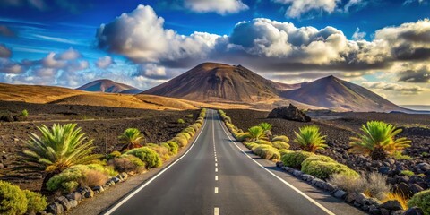 A winding asphalt road through a volcanic landscape, framed by a vibrant blue sky and fluffy clouds, invites a journey of exploration and discovery.