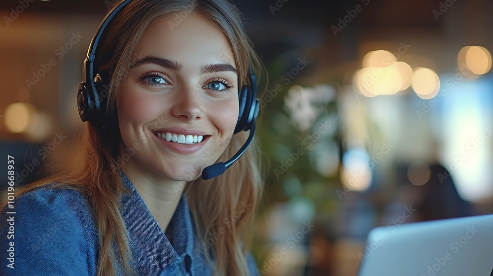 Poster Smiling caucasian business woman with headset working on a laptop in a call center on the line Happy female working in a busy customer service department and taking notes while talking : Generative AI