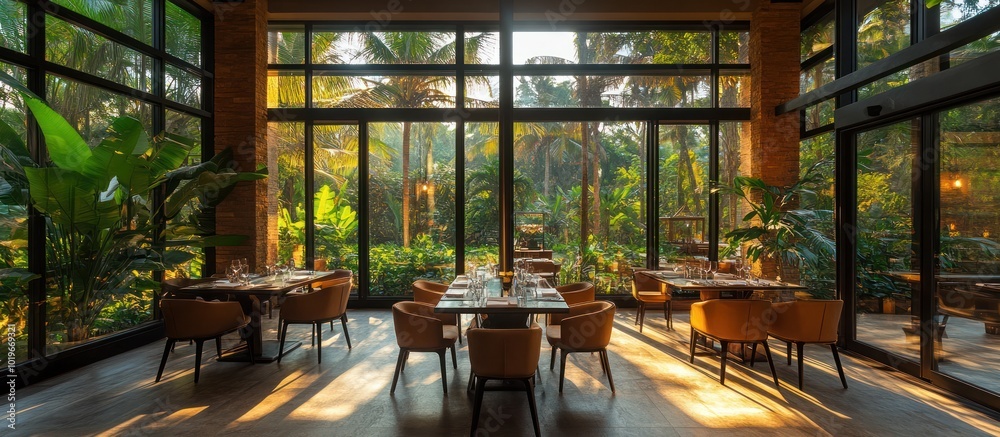 Wall mural Modern restaurant interior with large windows overlooking lush tropical garden.